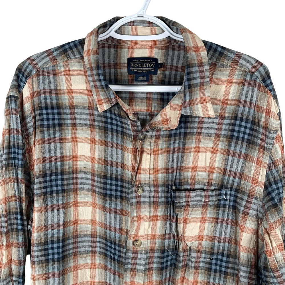 Pendleton Linen Blend Button Up Shirt Mens XL Tan Blue Plaid Long Sleeve Pocket